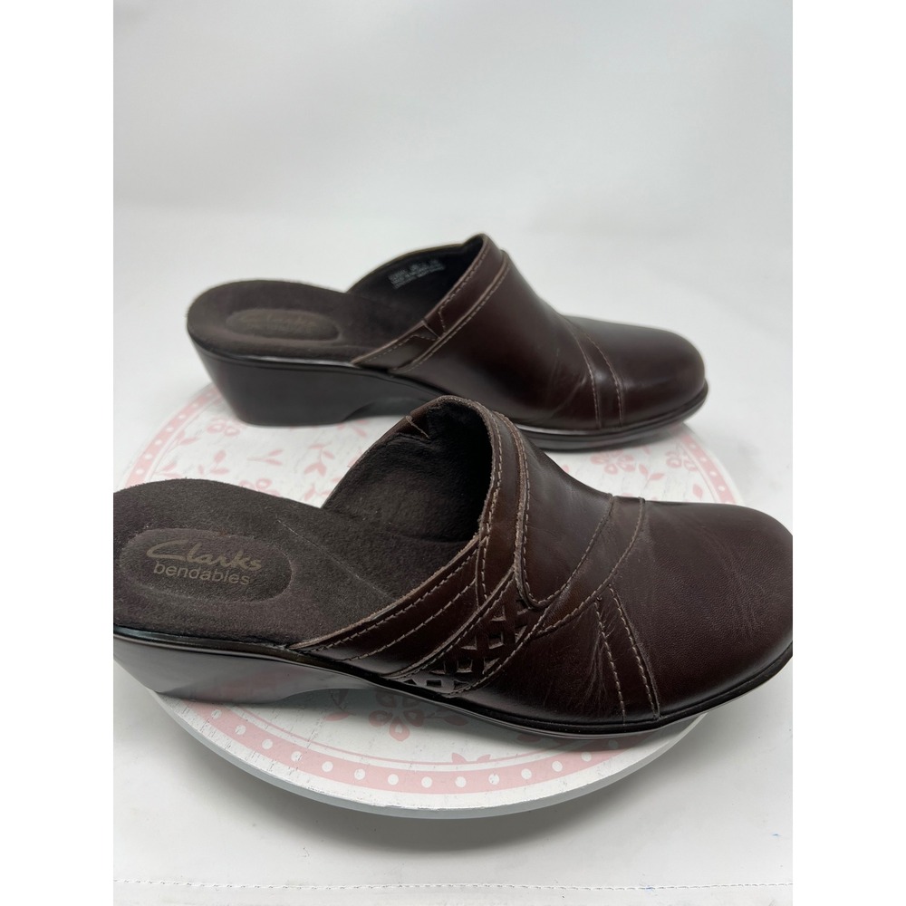 CLARKS Bendables Mules Women 9M Brown Leather Wedge Slide Stitch 62890 Cushioned - Picture 12 of 15